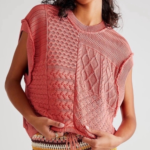 Free People Sweaters - Free People XS Take the Plunge Coral Cable Knit Sweater Top